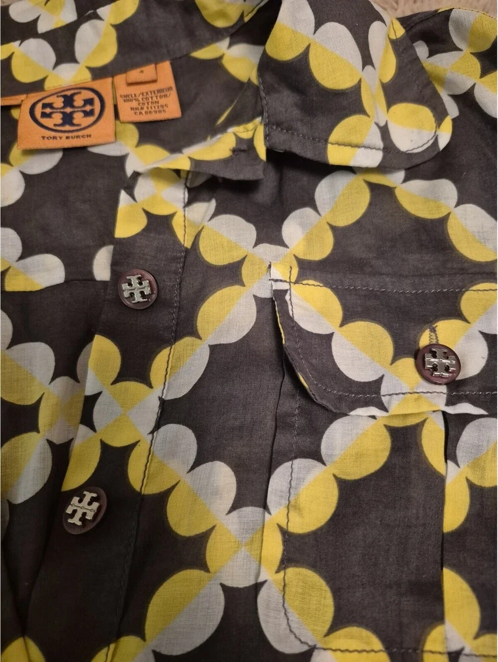 Tory Burch Gray Yellow Circular Buttoned Stephanie Tunic Blouse Shirt Size 4
